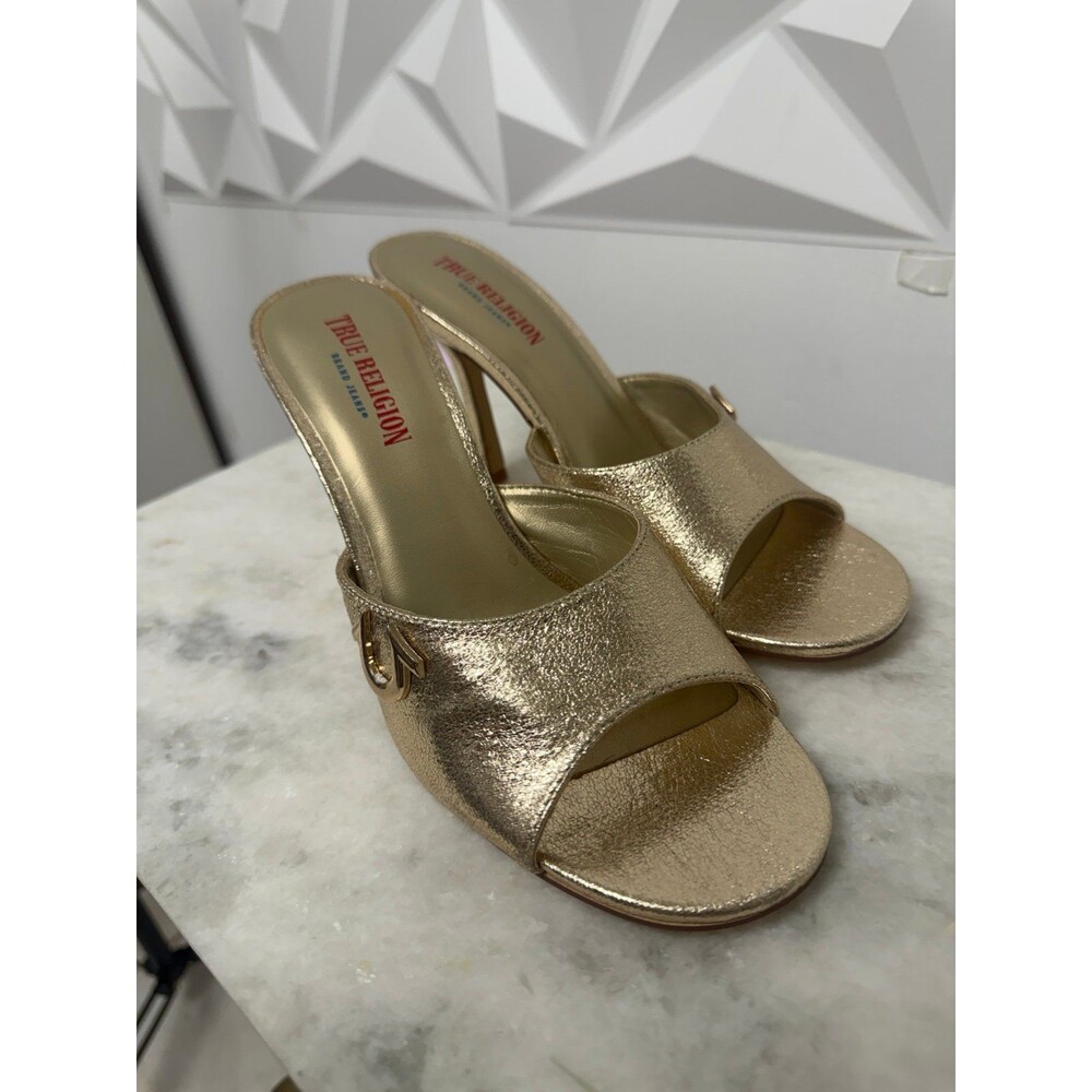 True Religion Sophia Metallic Gold Stiletto Mule Heels Open Toe Sz 8
